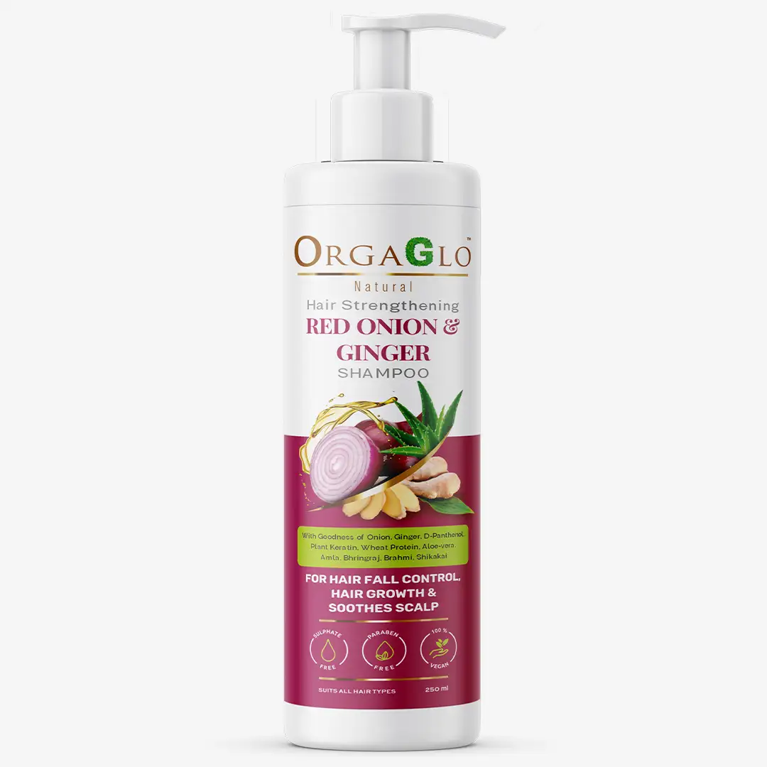 https://www.orgaglo.com/storage/products/Red Onion & Ginger Shampoo  -250 ml with Plant Keratin & Ginger for Hair Strengthening & Hair Fall Control